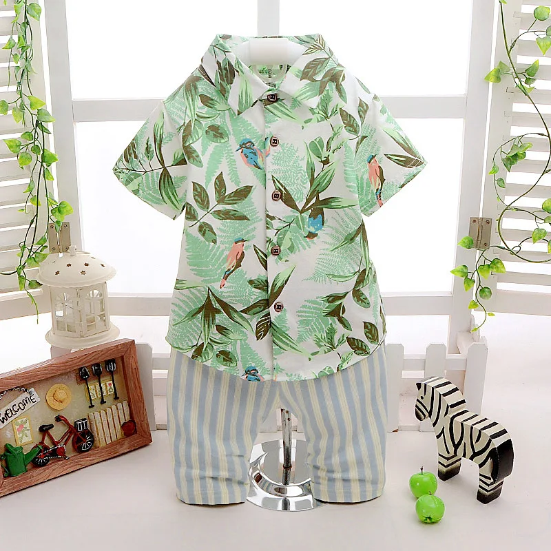 

2016 summer new Hawaii vacation style leaves pattern blouse+striped pant 2pcs infants boy clothes suit for boys newborn sets