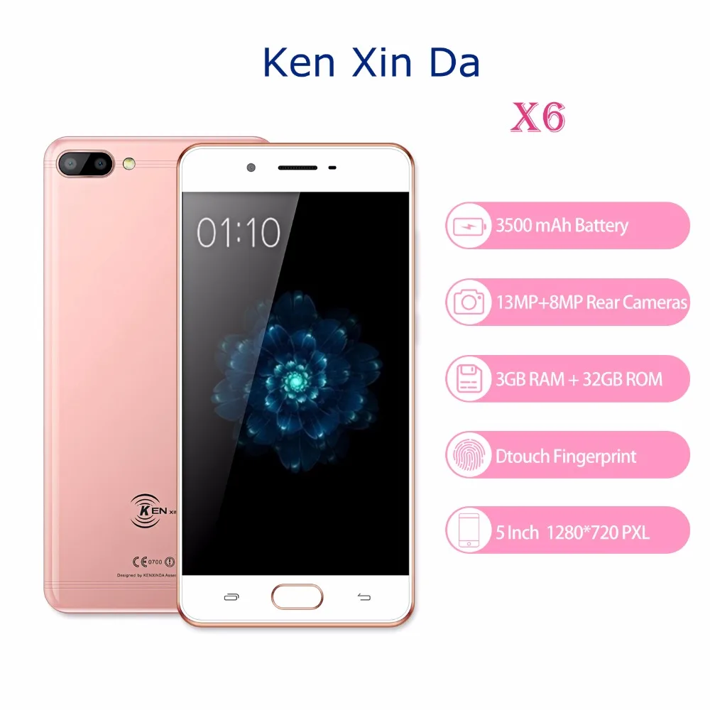KENXINDA X6 5 Inch Mobile Phone Android 7.0 Celular Quad Core 3G+32G 13MP Dual Back Camera Fingerprint 4G LTE Smartphone 3500mAh