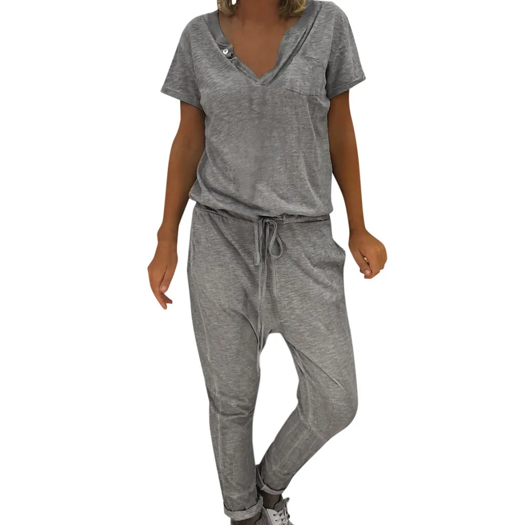 

Women V-neck Sashes casual Jumpsuit summer button Loose Long Pants Casual Rompers with Pockets big Size 5XL Overalls Female