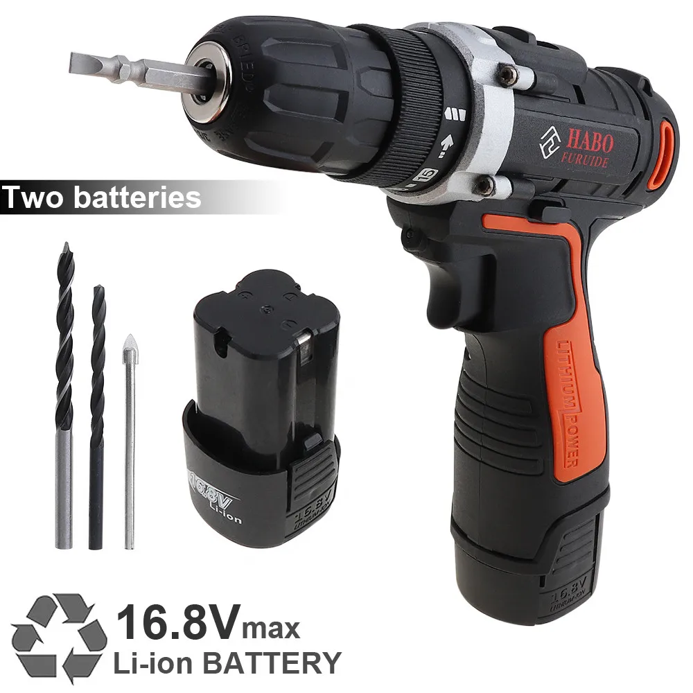 

Cordless 16.8V Electric Drill / Screwdriver with 2 Li-ion Batteries and Two-speed Adjustment Button for Handling Screws Punching
