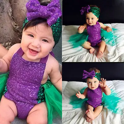 

Sequin Baby Girls Mermaid Tulle Bodysuit Headband 2pcs Sunsuit Outfits Clothes Toddler Kids Skirted Bodysuits 0-24M