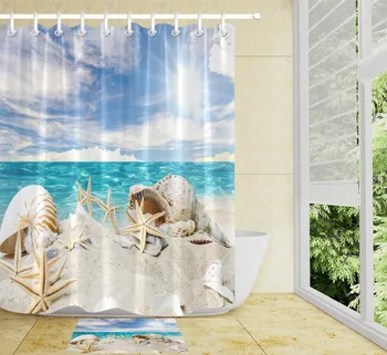 

Sunlight Blue Sea Gold Beach Shell Conch Starfish Shower Curtain Liner And Mat Set Bathroom Waterproof Fabric For Bathtub Decor