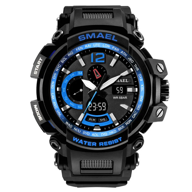 SMAEL, брендовые, светодиодный, водонепроницаемые, 50 м, спортивные наручные часы, секундомер, 1702, серые, военные часы, цифровой, светодиодный, армейские часы для мужчин - Цвет: Black Blue