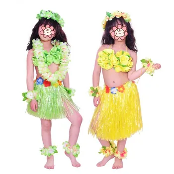 

Hawaii Flower Lei Headband Garland Wreath Hula Grass Skirt Wristbands Bra Kids Girls Costume Set Beach Tropical Party Decor