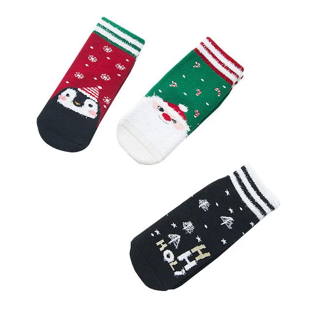 Winter New Christmas 3 Pairs Children’s Striped Rib Top Thick Terry Socks Kids Boys Girls Short Tube Leg Warm