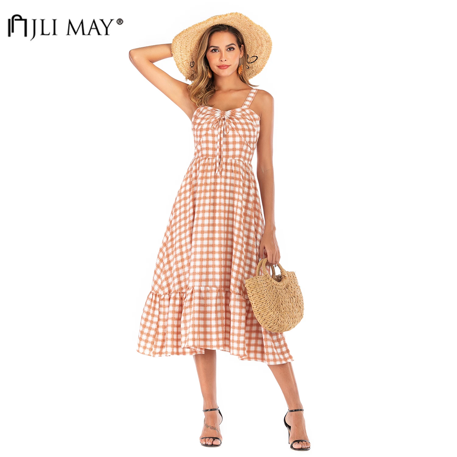

JLI MAY Vintage Plaid Long Dress Summer Vacation Casual Women Clothes A-Line Sundress Spaghetti Strap Mid-Calf Cotton