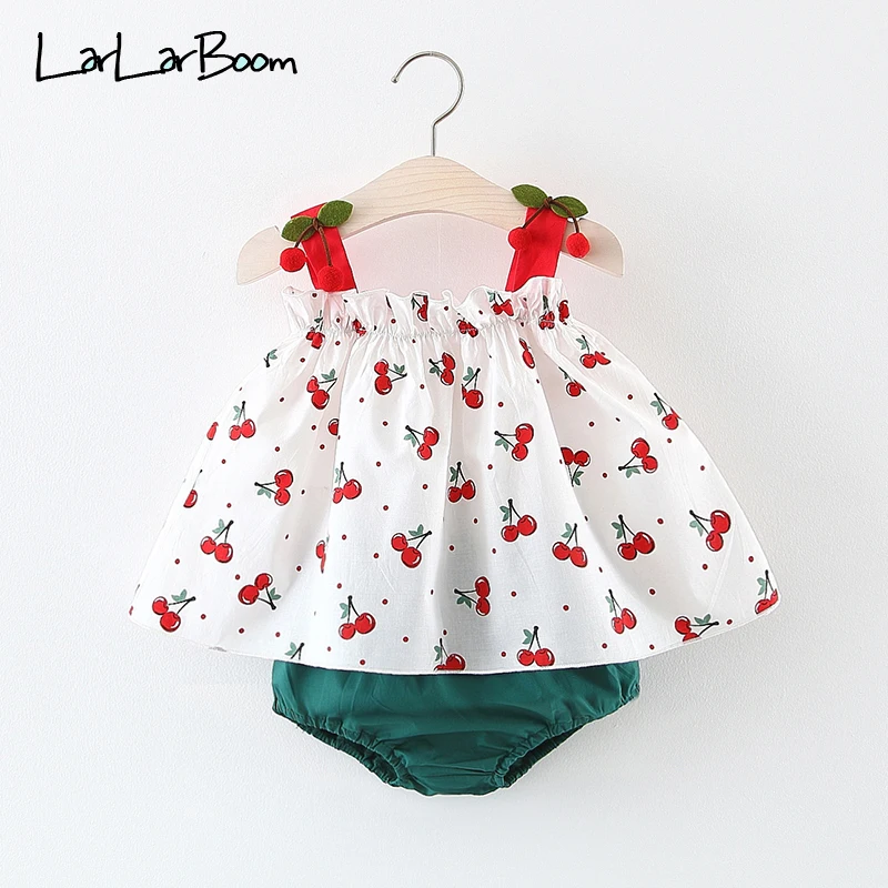 

LarLarBoom Girls Clothing Sets 2019 New Summer Cherry Pattern Sling Top + Shorts Two-Pieces Suit Fashion Children's Sets