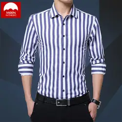 MOON высокое качество Для мужчин рубашки Новые поступления рубашка с вертикальными полоками с длинными рукавами хлопковый в британском