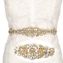 YANSTAR Bridal Rhinestone Wedding Belts Gold Crystal Iron On Ribbons With Box For Bridal Gowns