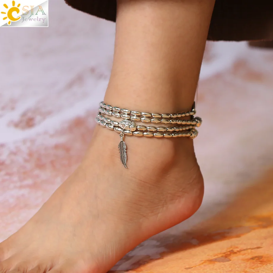 

CSJA Thai Silver Color Charms Bracelet Fish Feather Leaf Anklets Long Wrap Rice Beaded Foot Jewelry Summer Beach Jewellery S345