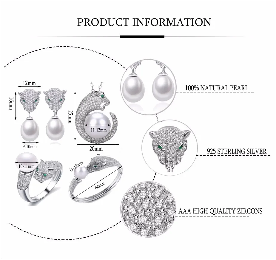 [MeiBaPJ] 925 пробы, серебро, 3 предмета, Леопардовый ювелирный набор, настоящий натуральный жемчуг, свадебные ювелирные изделия для женщин, высокое качество