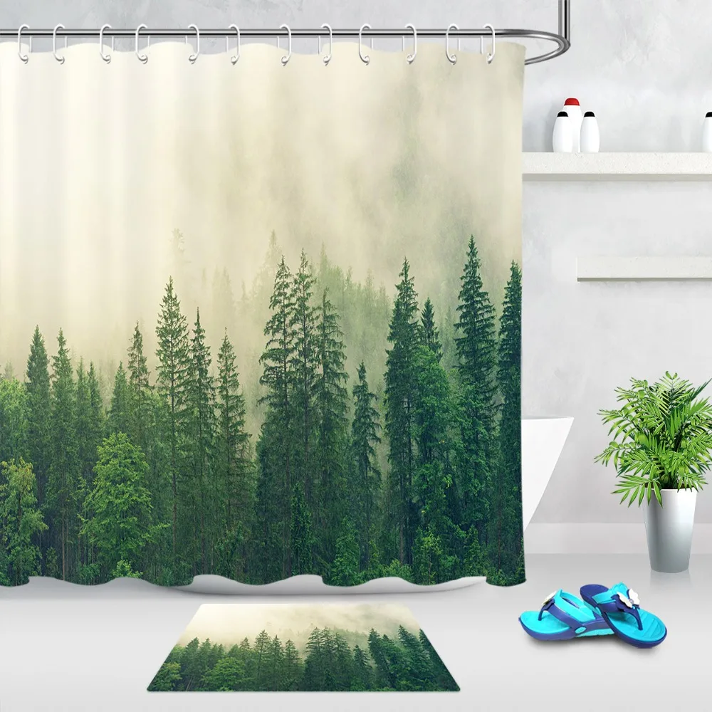 Зеленый лес прямые сосновые облака туман занавески с изображением дерева Водонепроницаемая занавеска для ванной полиэстер ткань для ванной домашний декор