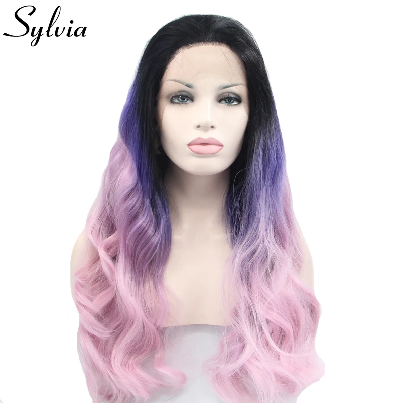 

Sylvia Pink Purple Black Ombre Body Wave Synthetic Lace Front Wigs With Dark Roots Long Heat Resistant Fiber Hair For Women