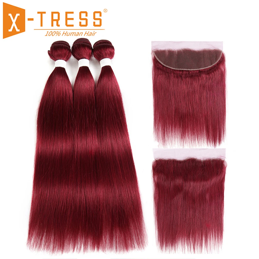 

Burgundy Red Color Lace Frontal With Human Hair Weaves X-TRESS Brazilian Straight Non Remy Hair Weaving 2/3 Bundles With Closure