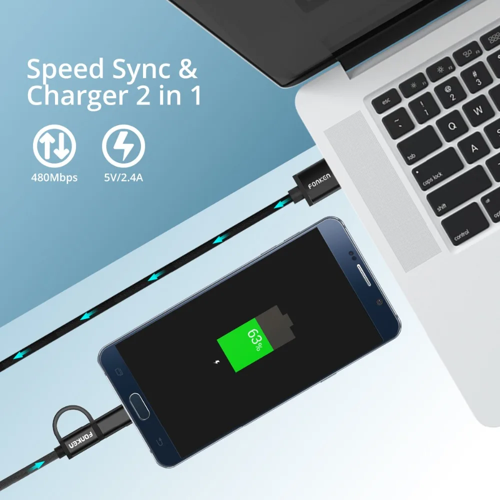 FONKEN 2 в 1 USB кабель Micro usb type C кабель для быстрой зарядки телефона 1 м двойной адаптер Mini USB C зарядка для мобильных телефонов Кабели