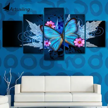 

posters and prints 5 Piece Butterfly Flower Blossom Painting wall artCanvas art Painting wall pictures For Living Room
