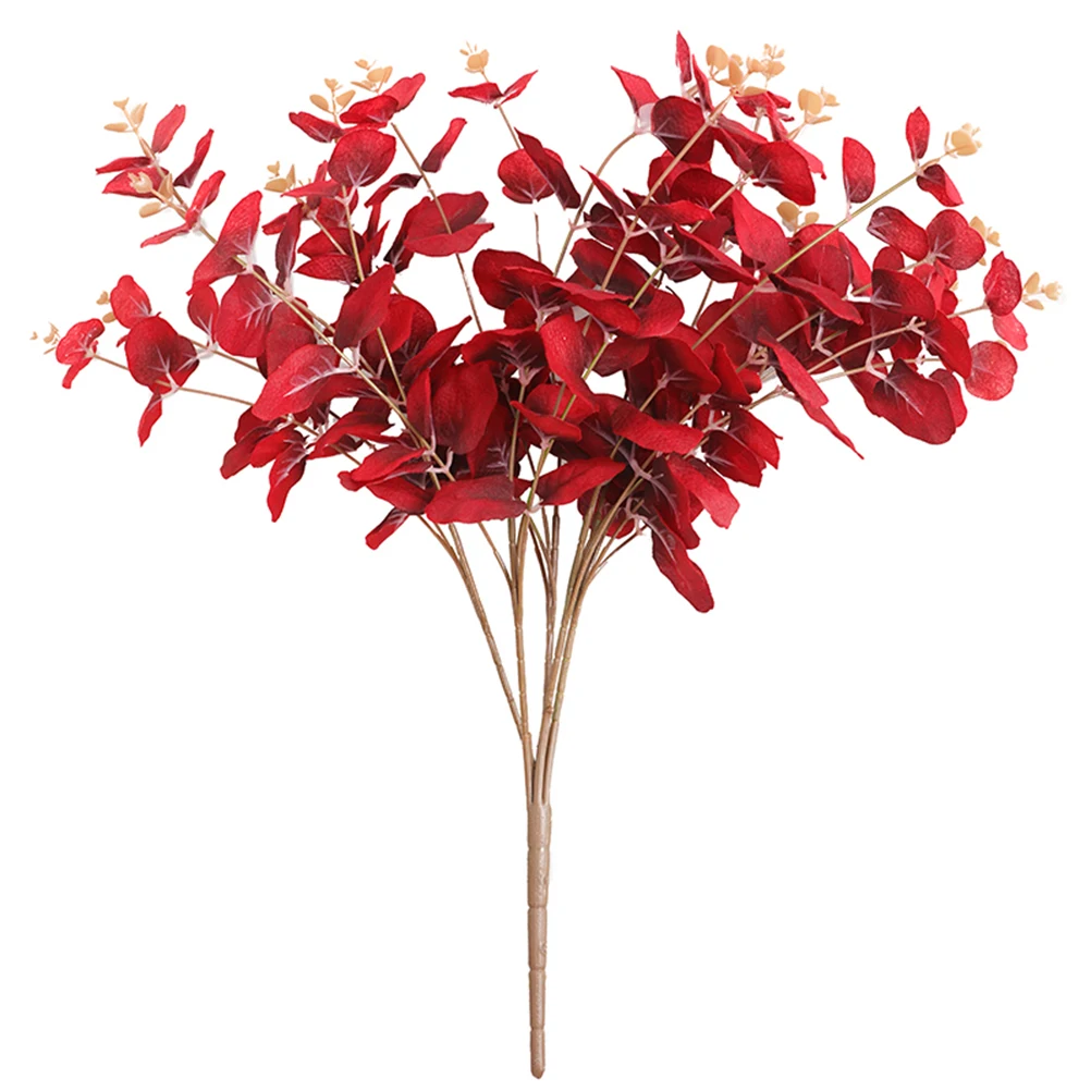 

1pc Artificial red Leaves Simulation Bouquet Bunch Decoration Lifelike Eucalyptus Leaves for Restaurant Home Decor