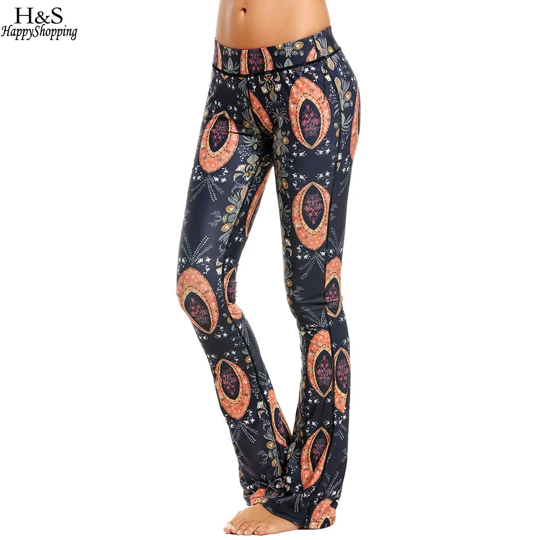 Women Pant Elastic High Waist Loose Printed Boot Cut Yoga Pantsin Yoga