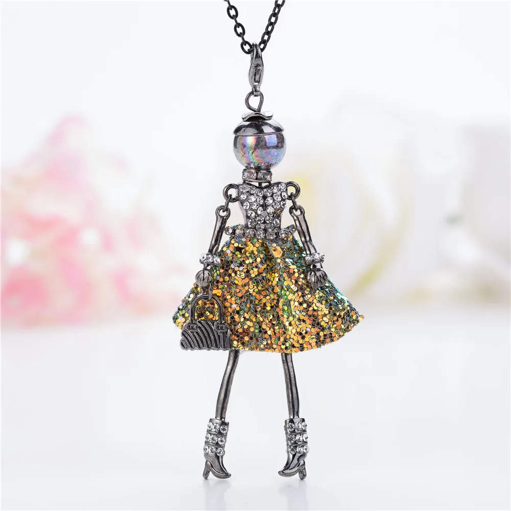 

HOCOLE 2018 Shining Statement Crystal Doll Necklace Dress Handmade New French Doll Pendants For Girls Women Fashion Jewelry
