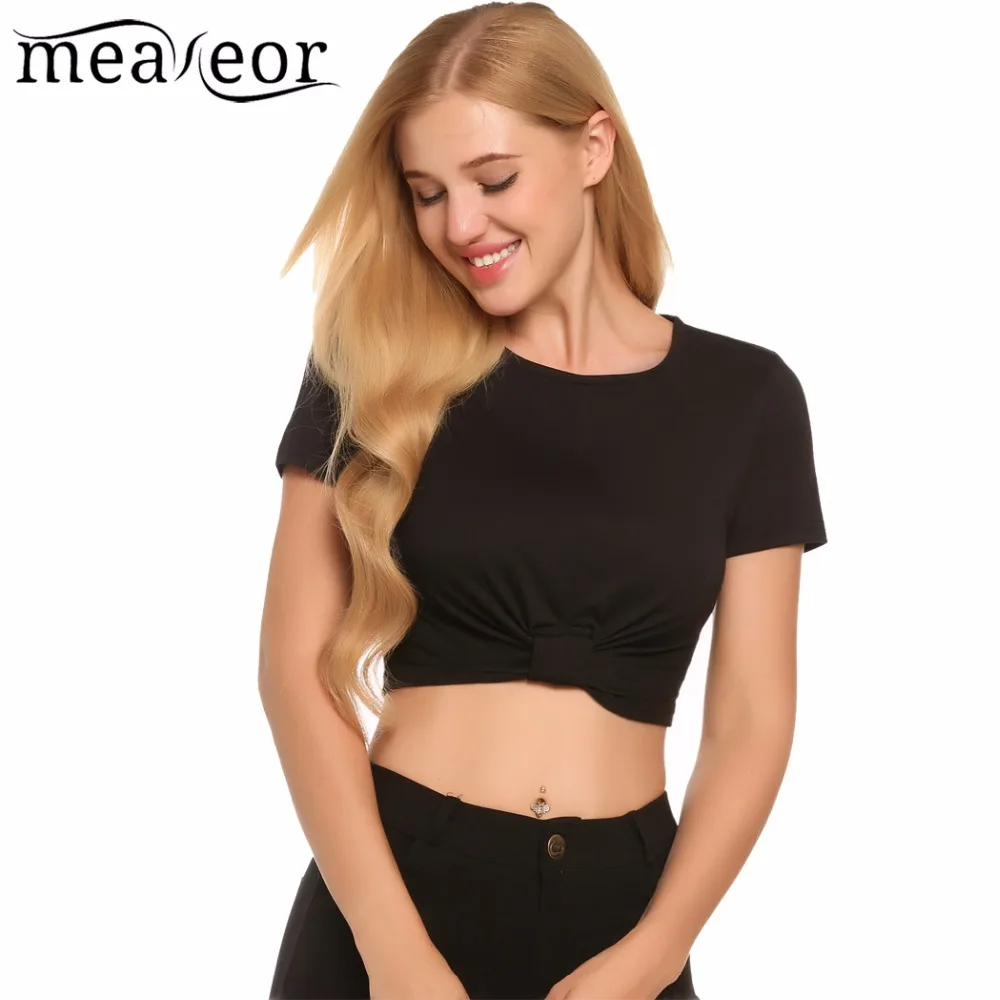 Meaneor Front Tie Short Pullover Sexy T-shirt Women's O-Neck Short Sleeve Solid T-shirts Tops Summer Casual T-shirt Clothing Meaneor Front Tie Short Pullover Sexy T-shirt Women's O-Neck Short Sleeve Solid T-shirts Tops Summer Casual T-shirt Clothing