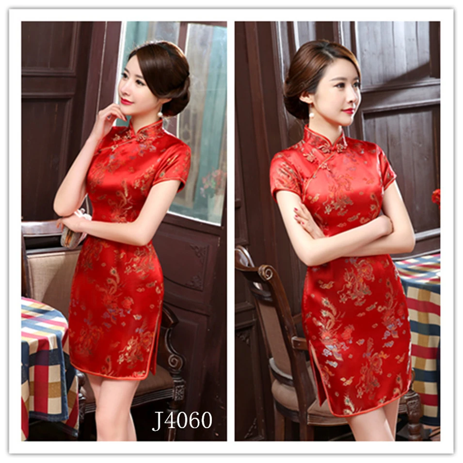 16 видов цветов, атласное китайское традиционное платье для женщин, Ципао, короткое, Ретро стиль, с принтом дракона, красное, китайский стиль, свадебное, Cheongsam S-6XL