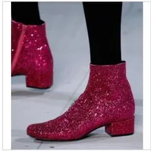 Модные женские Блестящие ботильоны на квадратном каблуке; блестящие ботинки; сезон осень-зима; Feminino Botas; цвет красный, серебристый, золотой; женская обувь