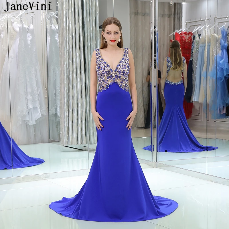 JaneVini Sexy Глубокий V шеи ярко-синий длинный платье подружки невесты в стиле русалки с отделкой кристаллами, бусами, без спинки Дубай Арабский