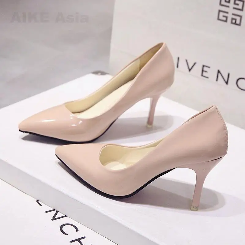 Apricot 8CM Популярная женская обувь; туфли-лодочки с острым носком; модельные туфли из лакированной кожи на каблуке; свадебные туфли-лодочки; zapatos mujer; цвет красный, синий, красный, черный, абрикосовый - Цвет: Apricot 8CM