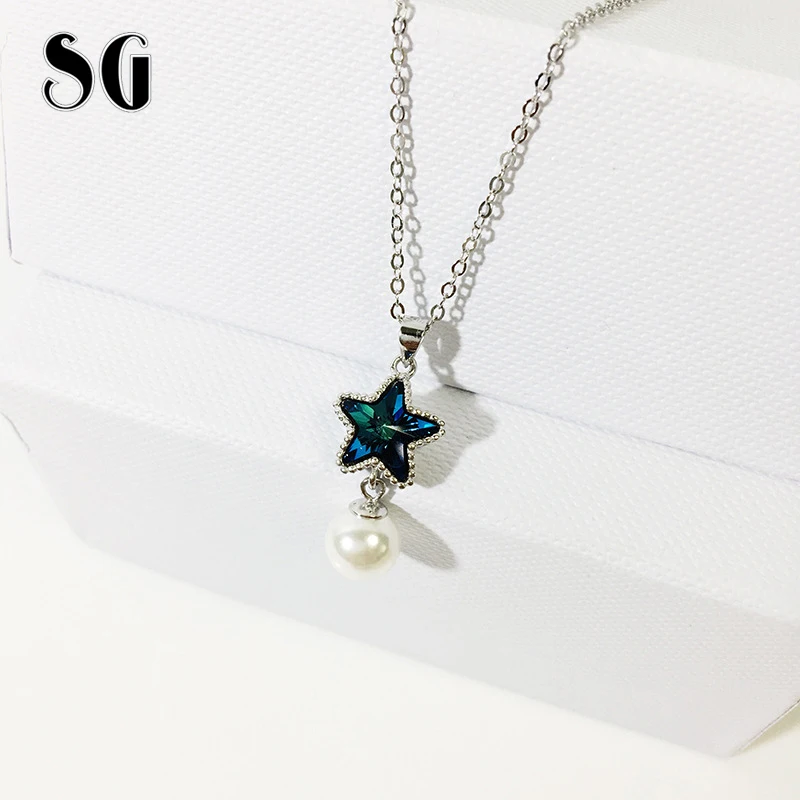 

SG 925 sterling silver pearl and blue Colorful Austria crystal pentagram necklace fit fashion jewelry chains necklace for women