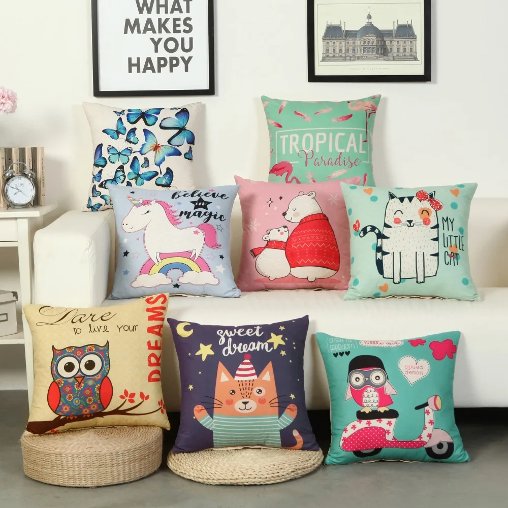 

Cartoon Animal Cushion Covers Bear Cat Dog Bird Pillowcase 45*45CM Baby Children Room Kindergarten Decorative Pillow Covers