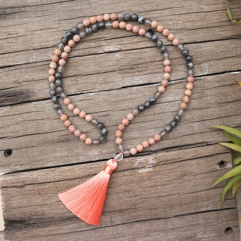 8mm Natural Stone Beads,Gray Onyx,Labradorite,Line Stone,JapaMala Sets,Spiritual Jewelry,Meditation,Inspirational,108 Mala Beads