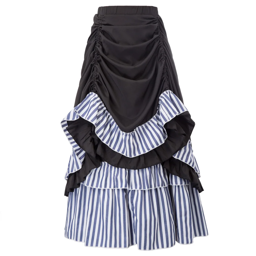 Женская юбка, Ретро стиль, стимпанк, викторианский стиль, вечерние, для клуба, эластичная талия, плиссированная юбка, регулируемая, для девушек, длинные юбки, макси - Цвет: Black Navy Stripe