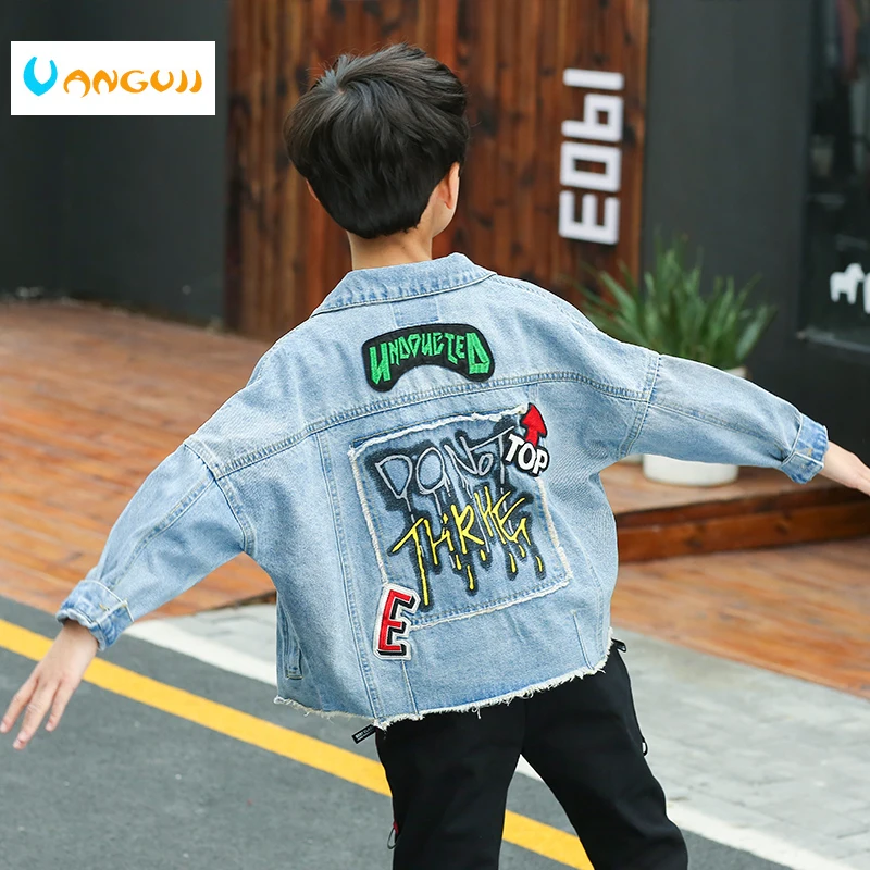 

boy's jacket, kids denim jacket4-13 year old spring coat fashion Fringe printing Loose leisure children's outwear all matc