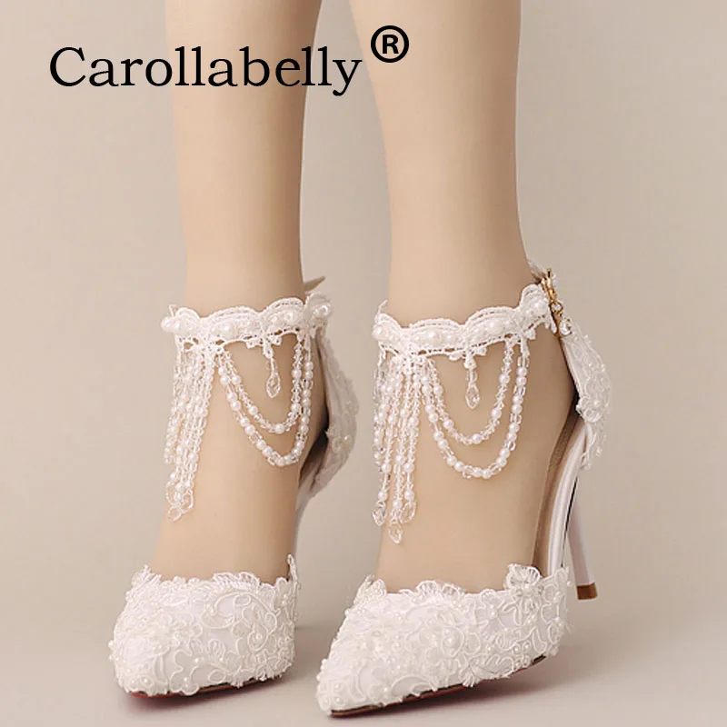 solid pearl decoration ankle strap stiletto heels