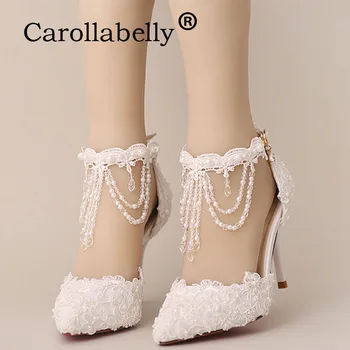 

2019 Rhinestone Pointed Toe Shoes Women High Heels Flower Lace Ankle Strap Sandals Fashion Pearl Decoration Party Wedding Shoes