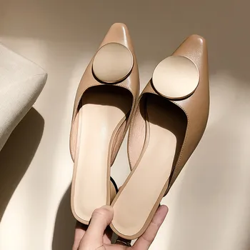 

YMECHIC Chunky Heels Women Shoes Summer 2019 Black Khaki Metal Decor Closed Toe Genuine Leather Med Heel Slippers Mules Slides