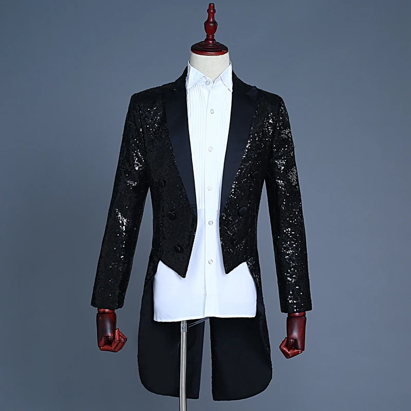 Sequin Black Tailcoat Costume Jackets Men Tailcoat Suit Men Red Tuxedo