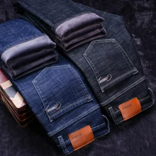 Новинка, зимние мужские теплые черные джинсы, эластичные облегающие плотные джинсовые штаны, Брендовые мужские синие джинсы, большие размеры 38, 40, 42