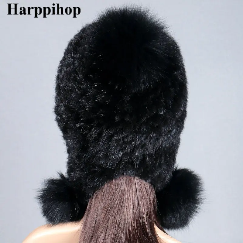 Harppihop Новое поступление, шапки из настоящей норки, женские вязаные шапки ручной работы из меха норки, меховые шапки с помпонами