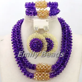 

Gorgeous Purple Gold African Wedding Beads Chunky Jewelry Sets Crystal Bridal Dubai Jewelry Necklace Sets Free Shipping AMJ172