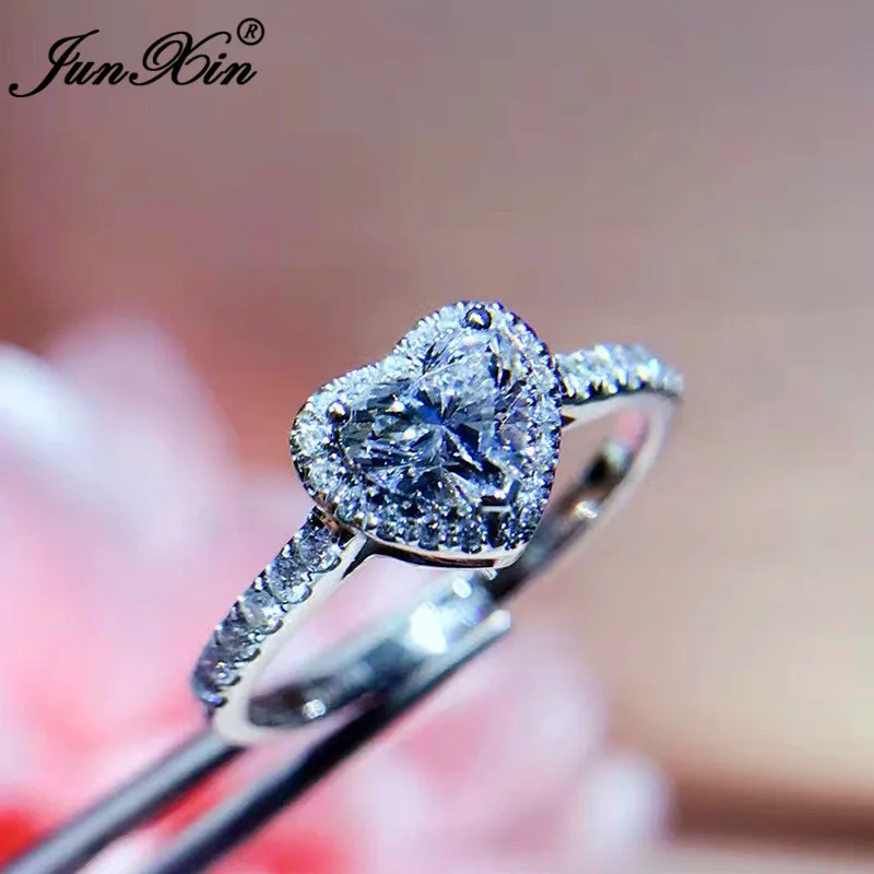 

JUNXIN Cute Female Crystal Heart Ring Fashion 10KT White Gold Filled Jewelry Promise Engagement Rings For Women Best Gifts