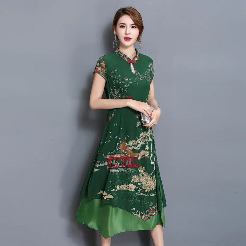 Sarikily китайский Стиль платье Qipao летние шорты рукавом Cheongsam Зеленый Красный