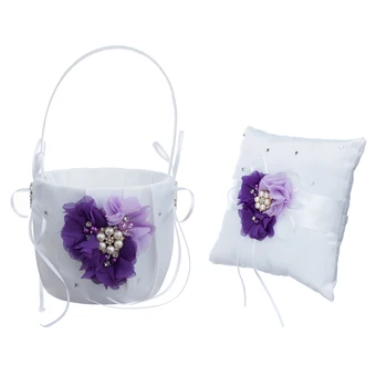 

Wedding Ring Pillow And Flower Girl Basket Set Crystal Pearls Purple Flower for Wedding Ceremony Party Anniversary Celebration