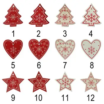 10pcs/set White Red Christmas Tree Ornament Wooden Hanging Pendants Angel Snow Bell Elk Star Christmas Decorations for Home 5