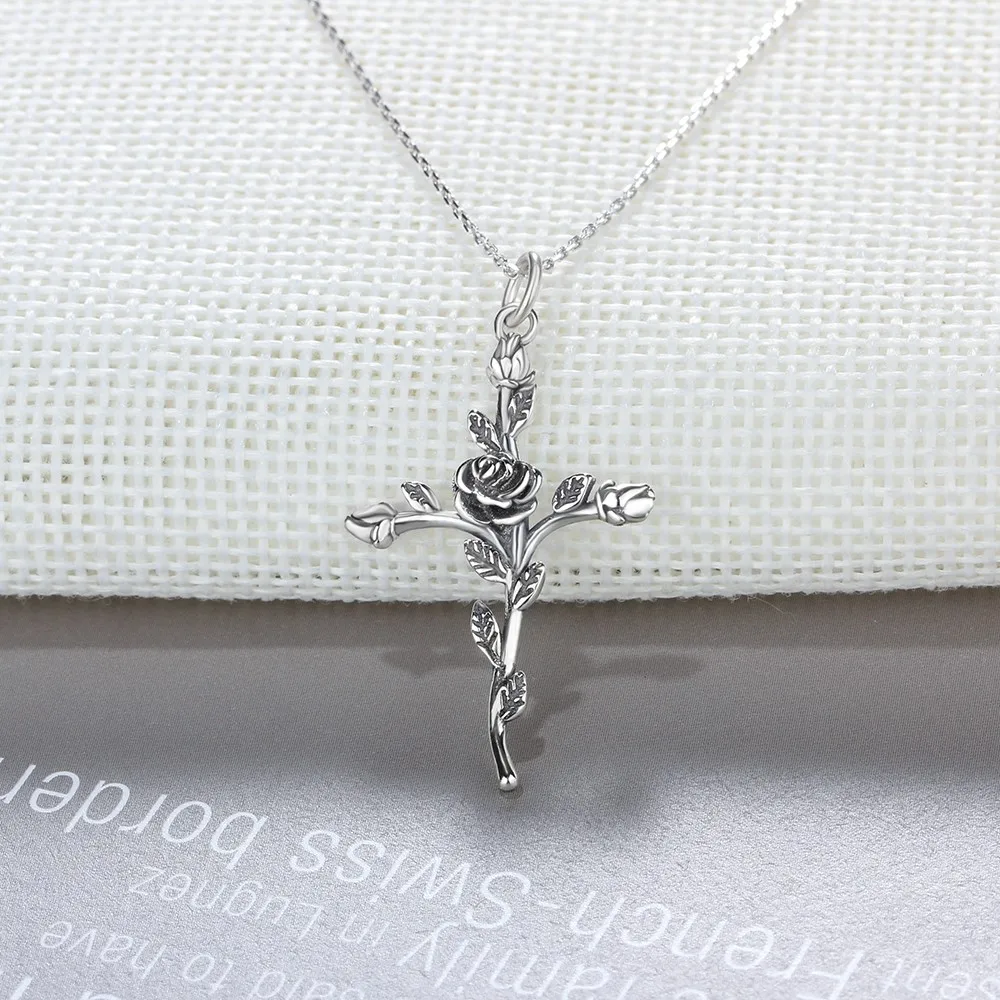Rose & Cross Design 100% 925 Sterling Silver Pendant Necklace Vintage Women Necklaces Gothic Jewelry (Lam Hub Fong NE102030) - Image 3