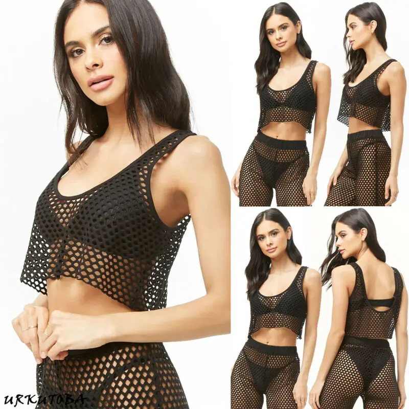 

UK Women Sexy Crochet Beach Mesh Swimwear Bathing Summer Beach Sheer Bikini Cover Up Vest+Long Trousers Suit 2Pcs