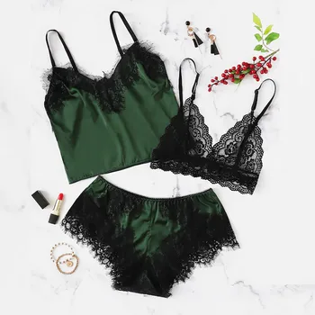 

Sexy Women Lace Lingerie Bra+Tops+Underwear Set Babydoll Nightshirt Pajamas Sat Exquisite Silk Sling Satin Ladies Sleepwear 2019