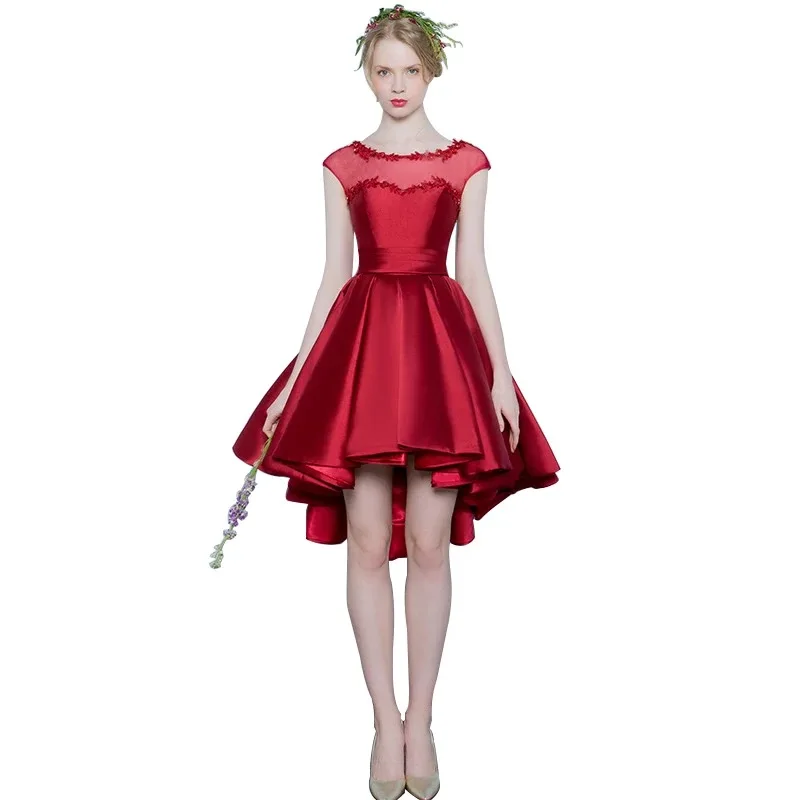 

Holievery Scoop Neck Satin High Low Cocktail Dresses with Lace Appliques Vestido Coctel 2019 Navy Blue Burgundy Party Dress