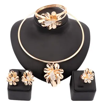 

Women Gold Color Nigerian Wedding African Beads Jewelry Set Crystal Saudi Jewelry Sets Bangle Earring Ring Flower Jewelry Set
