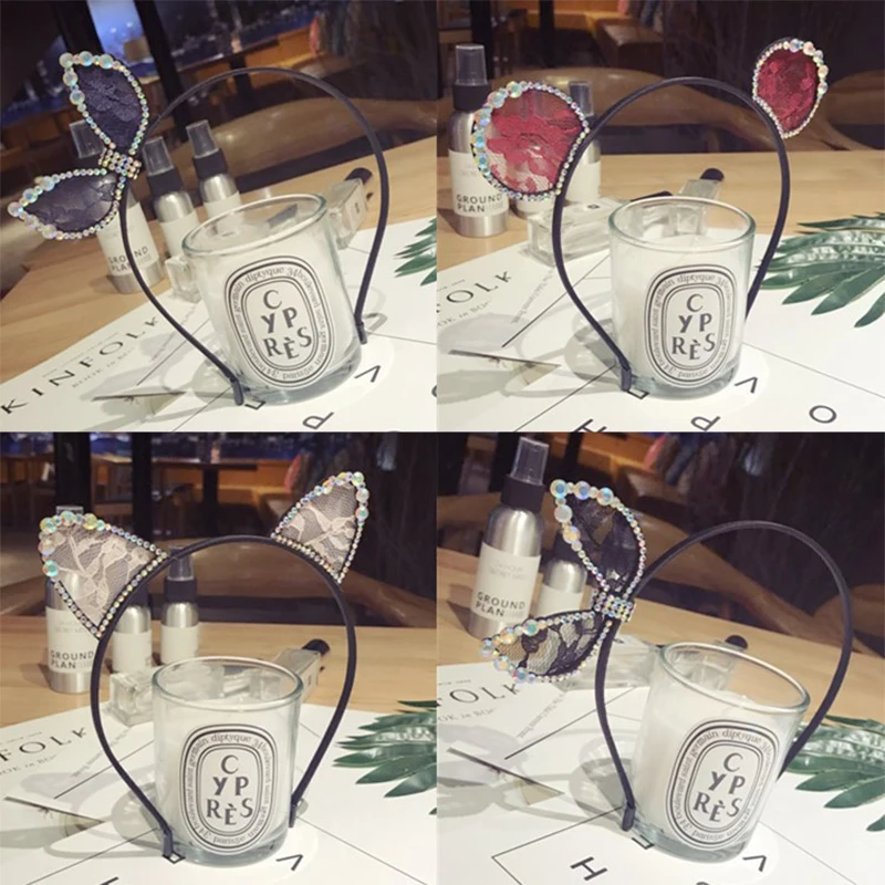 

Korea Crystal Bunny Lace Hair bands hoop Rabbit/Cat ears Hairbands Diamond headbands for women hair accessories ornaments